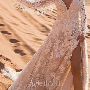 Western Boho A-Line Lace Long Sleeve Wedding Dress - NWT